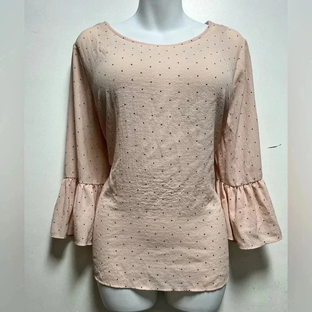 ELLE Pink Blouse With Polka Dots Size 3/4 Ruffled Bell Sleeves